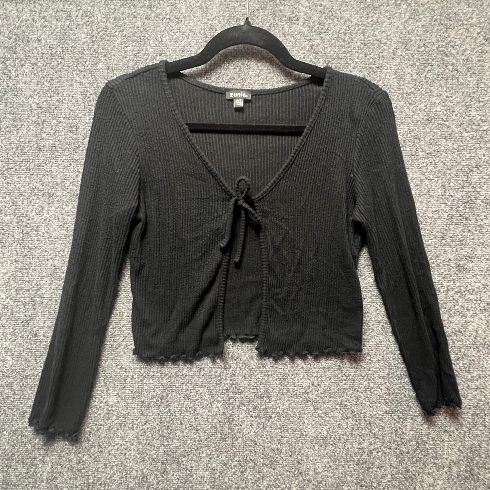 Zunie Girls Black Ribbed Tie Front Long Sleeve Cropped Top Size 14 Wrap Coverup